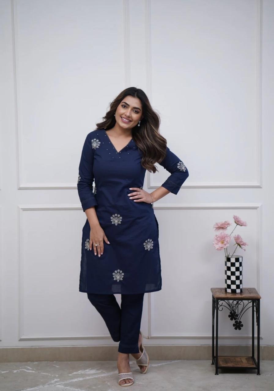 Blue Cotton Embroidered Office Wear Kurti Set